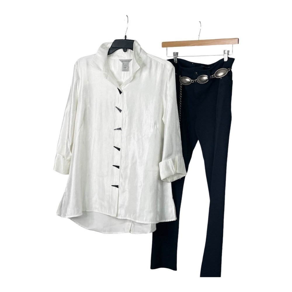 Multiples TURN-UP CUFF 3/4 SLV BUTTON FRONT HI- LO WHITE SHIRT - Picture 2 of 9